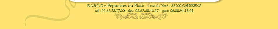 E.A.R.L Des Pépinières du Platé - 32100 Caussens
Tél : 05.62.28.17.00 - Fax : 05.62.68.46.57 - Port. : 06.88.94.18.01